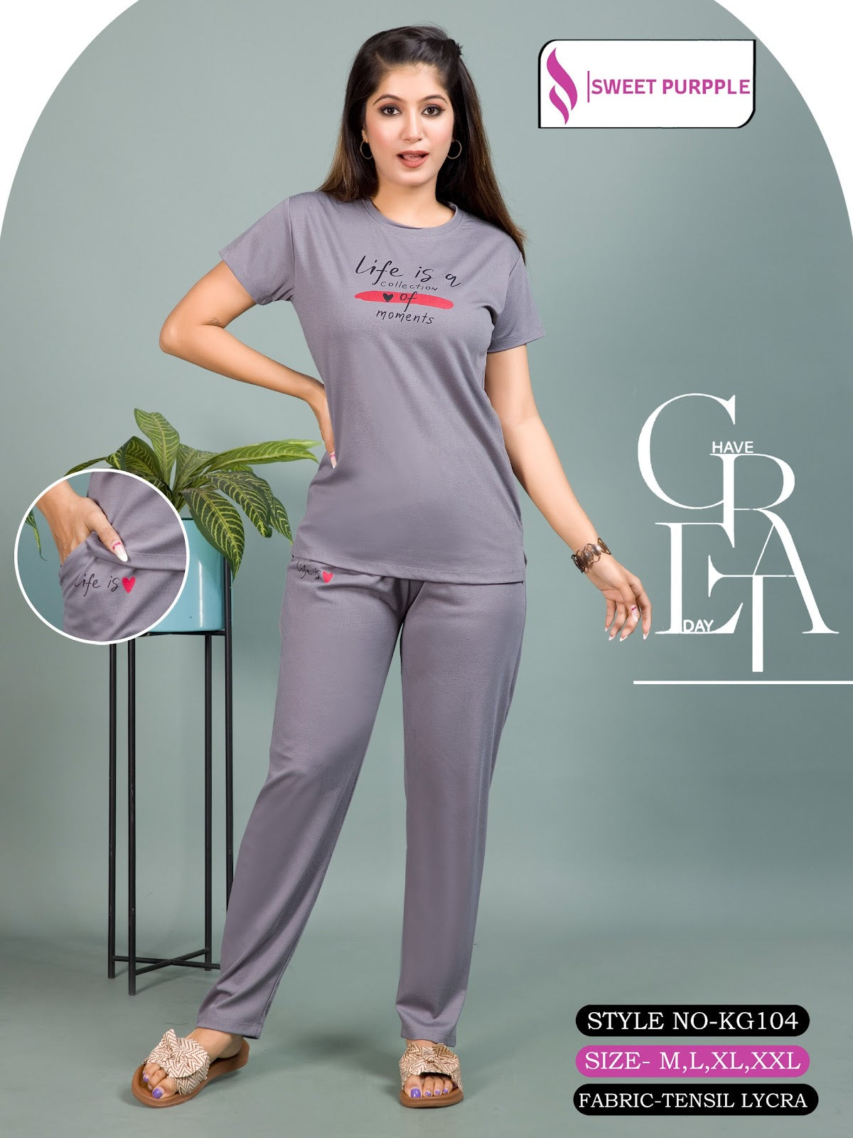 Style No Kg104 Sweet Purple Tencil Lycra Pyjama Night Suits Exporter