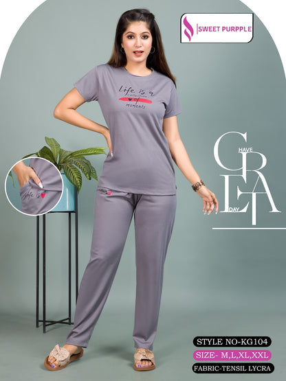 Style No Kg104 Sweet Purple Tencil Lycra Pyjama Night Suits Exporter