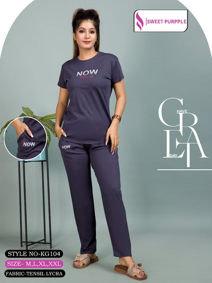 Style No Kg104 Sweet Purple Tencil Lycra Pyjama Night Suits Exporter