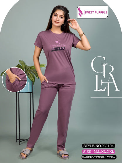 Style No Kg104 Sweet Purple Tencil Lycra Pyjama Night Suits Exporter