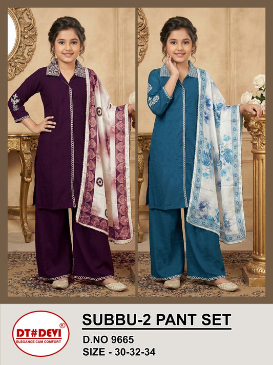 Subbu 2 Dn 9665 Dt Devi Vetican Silk Girls Readymade Palazzo Suits Supplier Gujarat