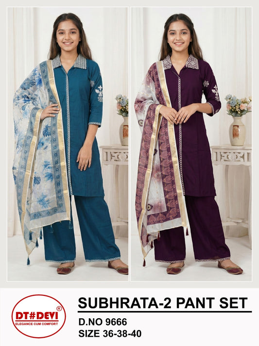 Subhrata 2 Dn 9666 Dt Devi Vetican Silk Readymade Plazzo Style Suits Exporter Gujarat