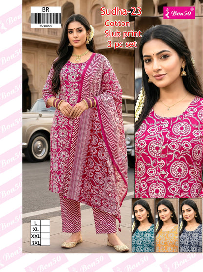 Sudha Bon50 Slub Readymade Cotton Pant Suits Supplier Ahmedabad