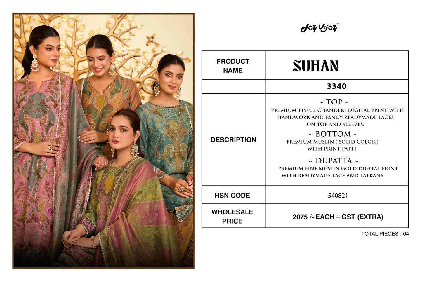 Suhan 3340 Jay Vijay Tissue Chanderi Pant Style Suits Exporter