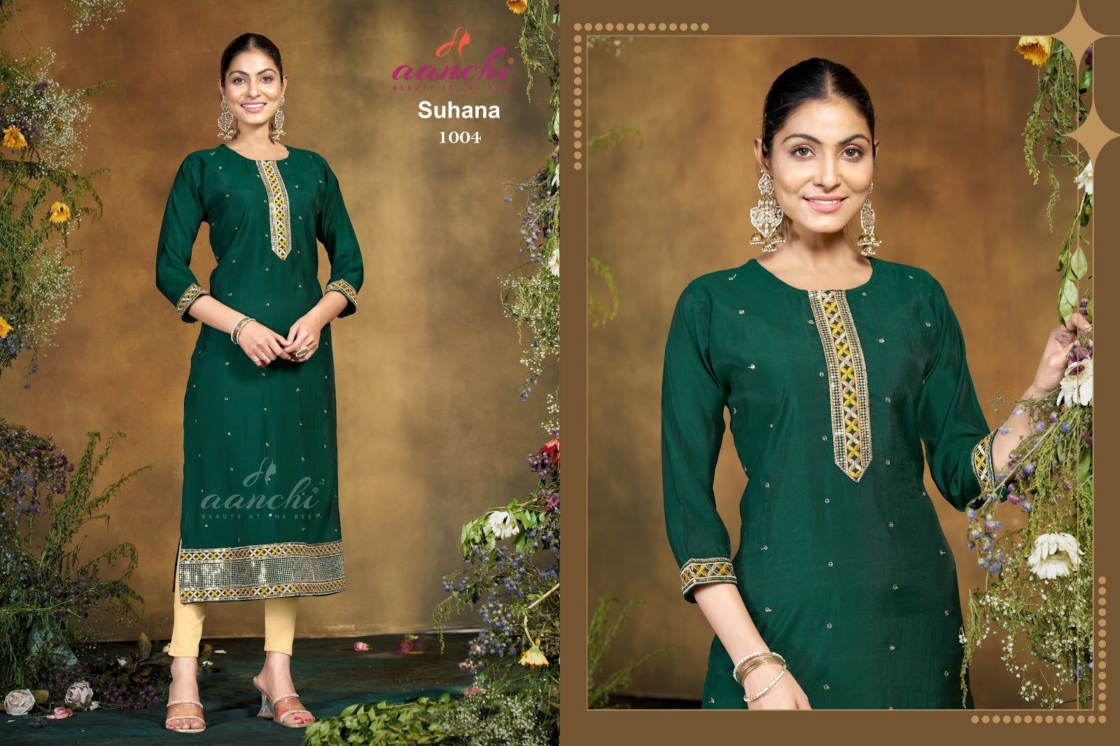 Suhana Aanchi Roman Silk Straight Cut Kurtis Wholesaler India