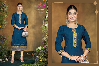 Suhana Aanchi Roman Silk Straight Cut Kurtis Wholesaler India
