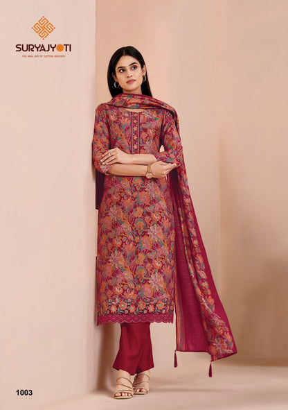Suhani Vol 1 Stitch With Lining Suryajyoti Modal Silk Readymade Pant Style Suits Wholesaler Gujarat