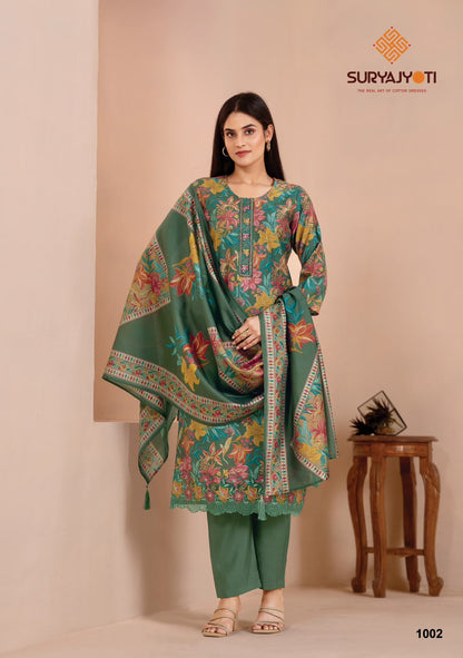 Suhani Vol 1 Stitch With Lining Suryajyoti Modal Silk Readymade Pant Style Suits Wholesaler Gujarat