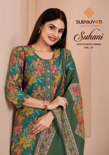 Suhani Vol 1 Stitch With Lining Suryajyoti Modal Silk Readymade Pant Style Suits Wholesaler Gujarat
