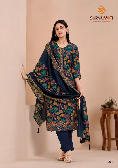 Suhani Vol 1 Stitch With Lining Suryajyoti Modal Silk Readymade Pant Style Suits Wholesaler Gujarat