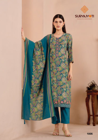 Suhani Vol 1 Stitch With Lining Suryajyoti Modal Silk Readymade Pant Style Suits Wholesaler Gujarat