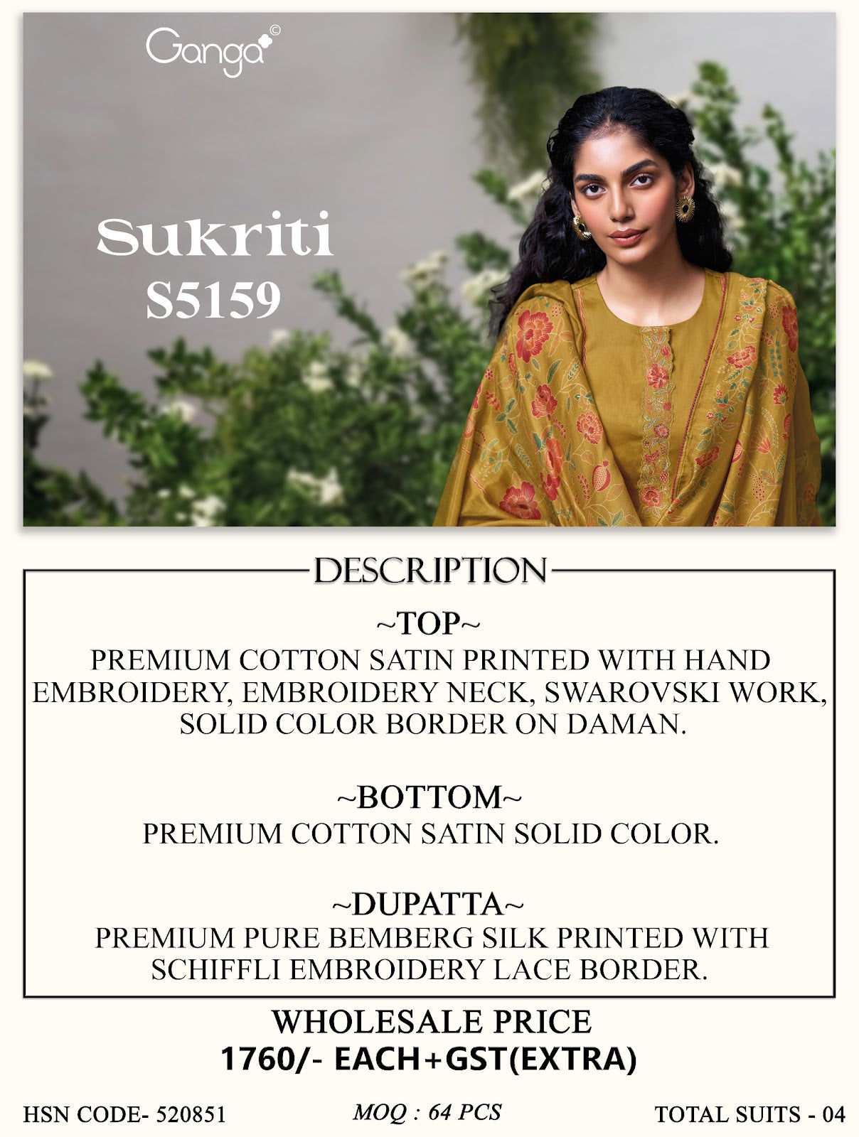 Sukriti S5159 Ganga Cotton Satin Pant Style Suits Supplier