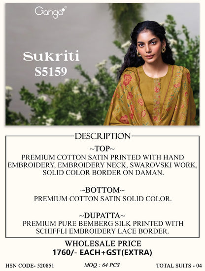 Sukriti S5159 Ganga Cotton Satin Pant Style Suits Supplier