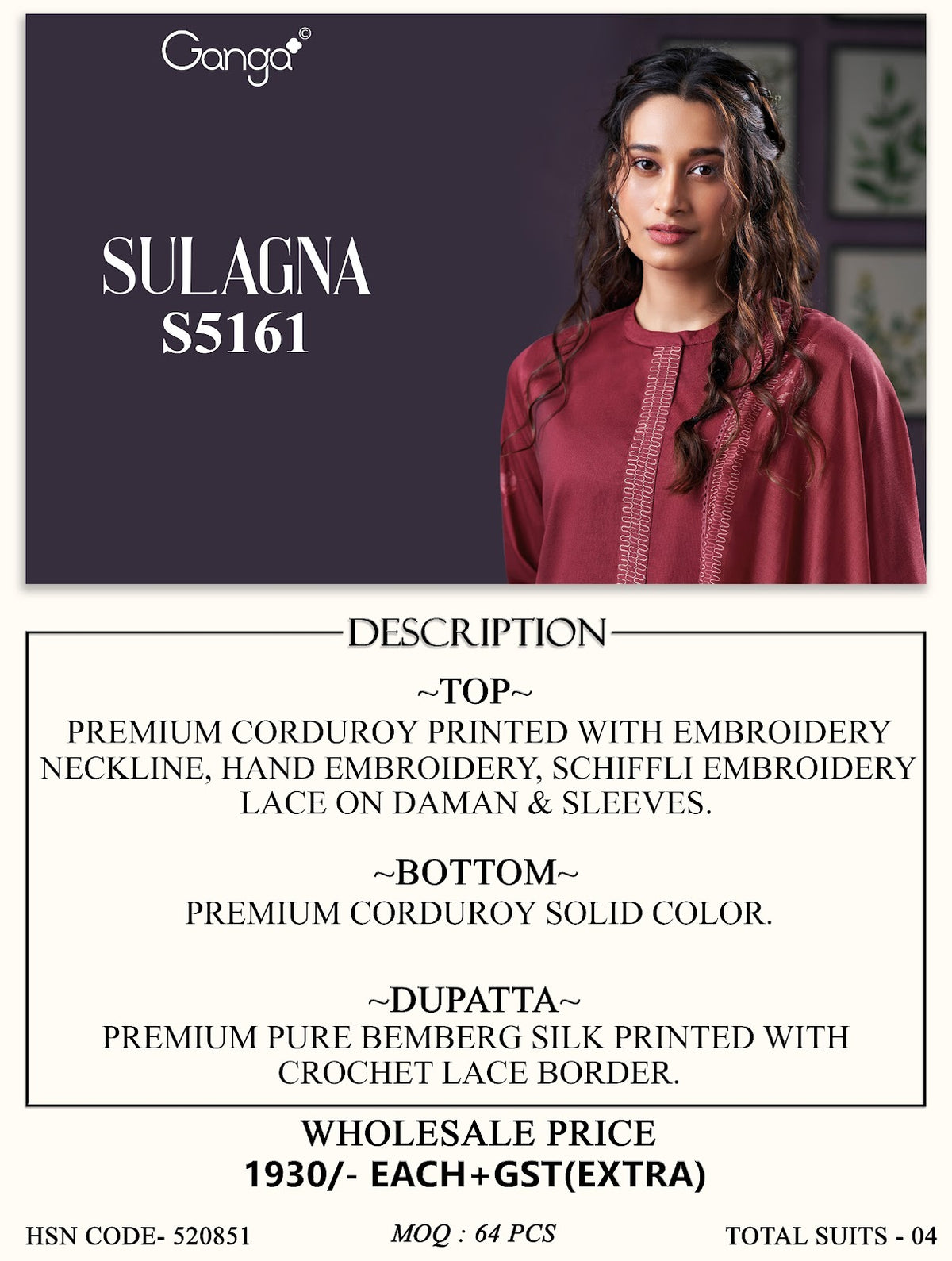 Sulagna S5161 Ganga Corduroy Plazzo Style Suits Exporter Gujarat