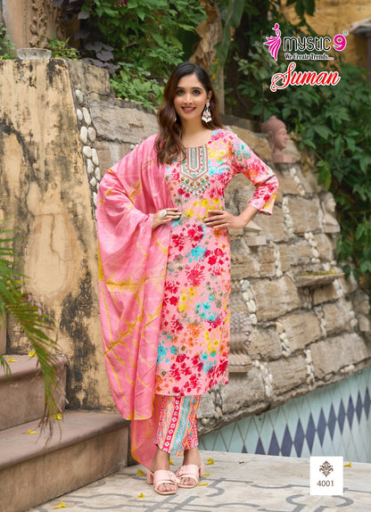 Suman Vol 4 Mystic 9 Rayon Foil Readymade Suits Manufacturer Ahmedabad