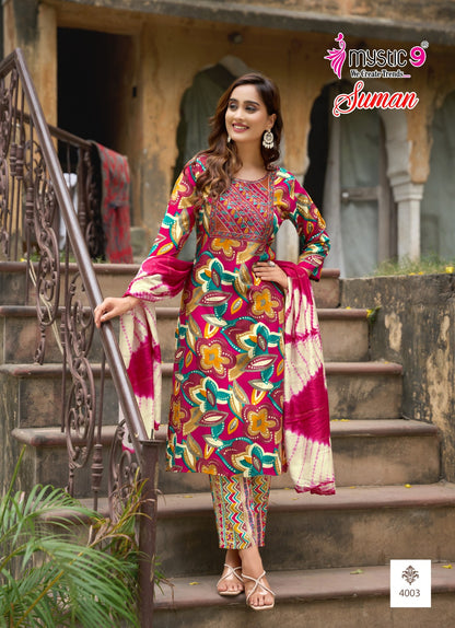 Suman Vol 4 Mystic 9 Rayon Foil Readymade Suits Manufacturer Ahmedabad