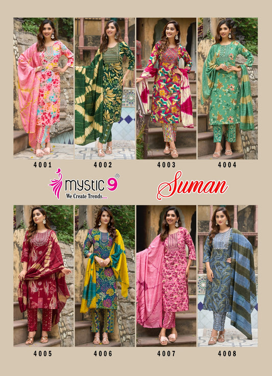 Suman Vol 4 Mystic 9 Rayon Foil Readymade Suits Manufacturer Ahmedabad