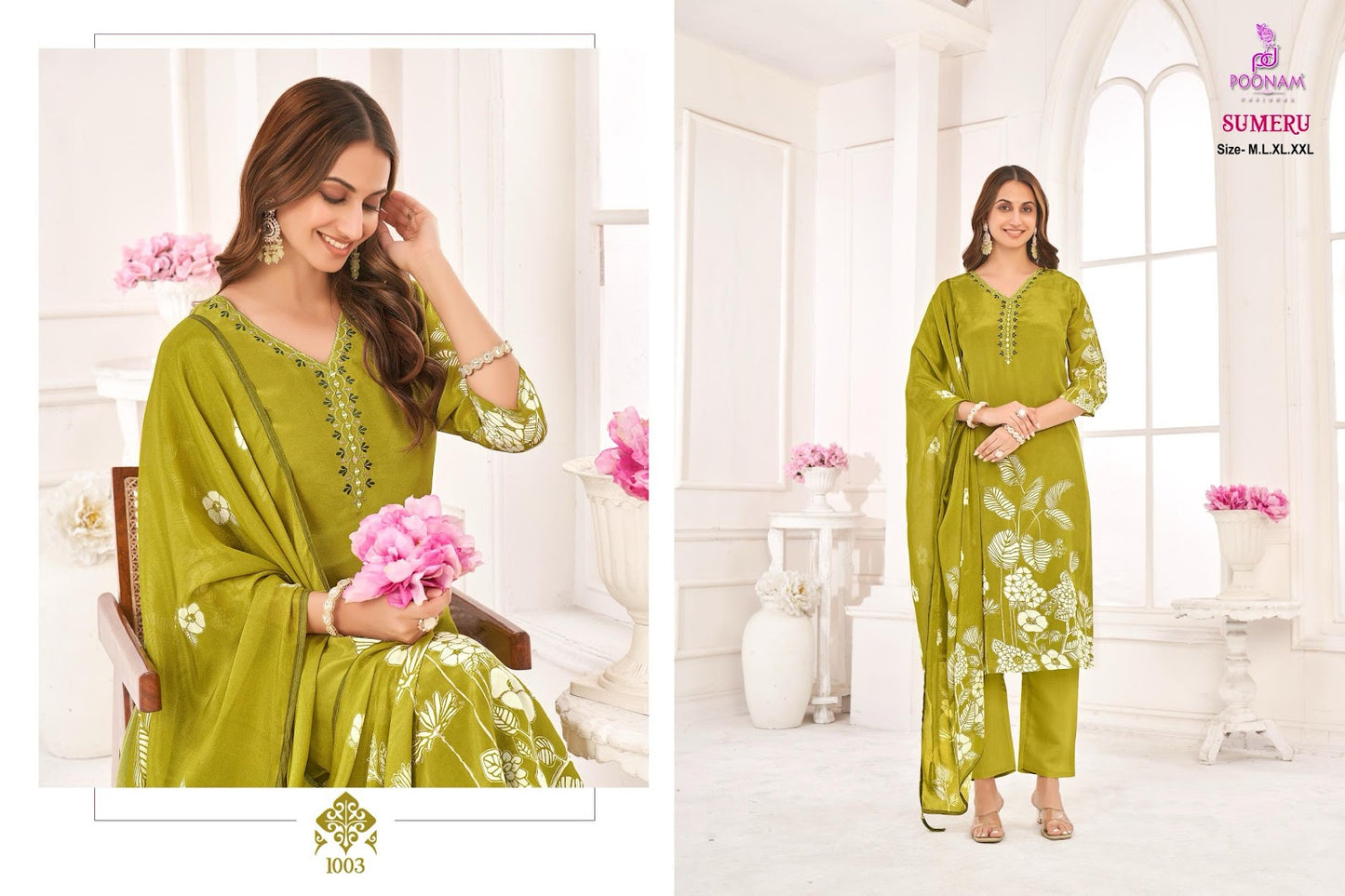 Sumeru Poonam Designer Natural Crepe Readymade Pant Style Suits Supplier