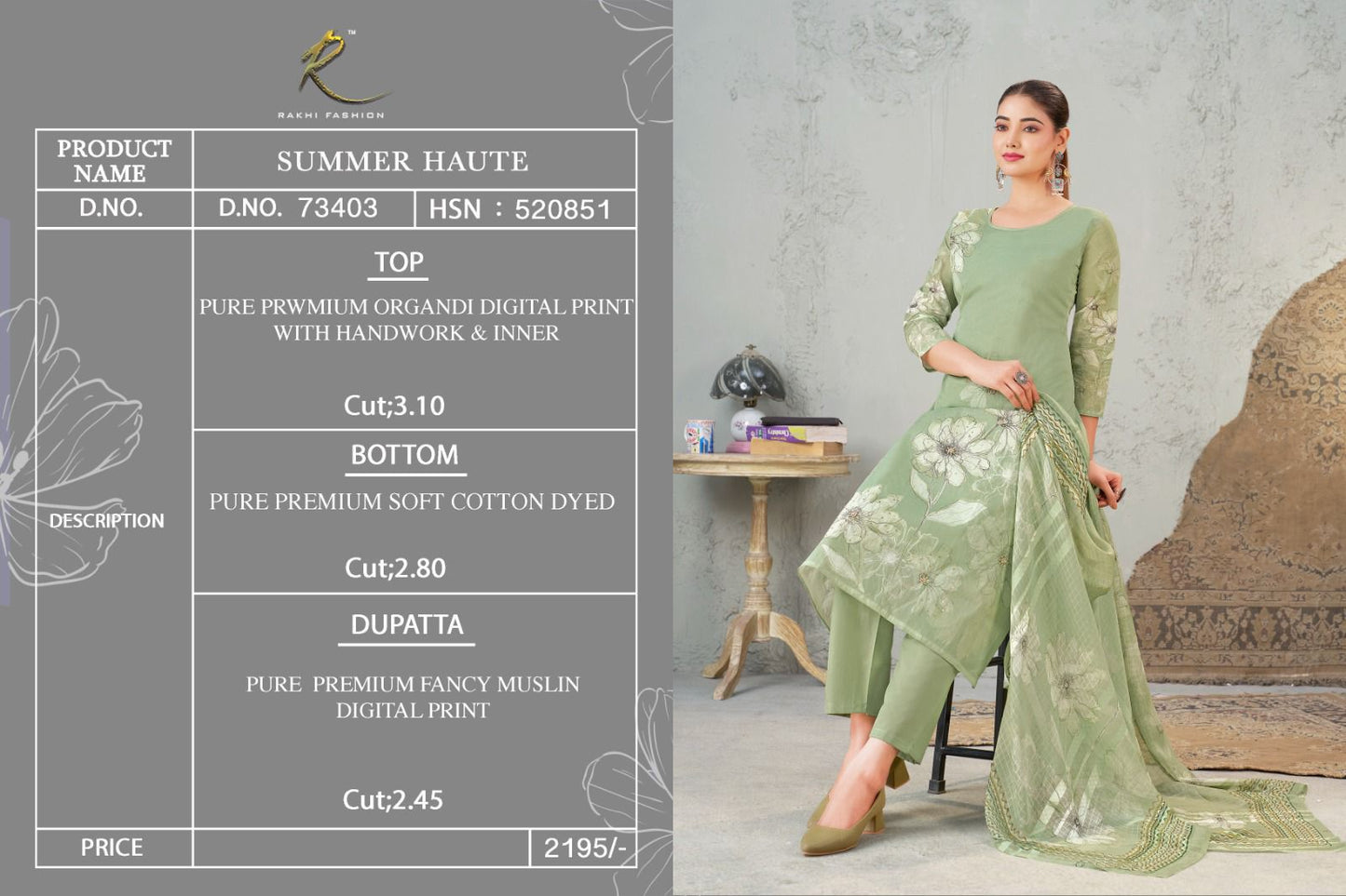 Summer Haute Rakhi Fashion Pure Organdy Pant Style Suits Manufacturer