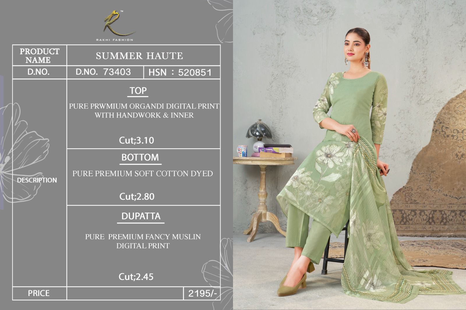 Summer Haute Rakhi Fashion Pure Organdy Pant Style Suits Manufacturer