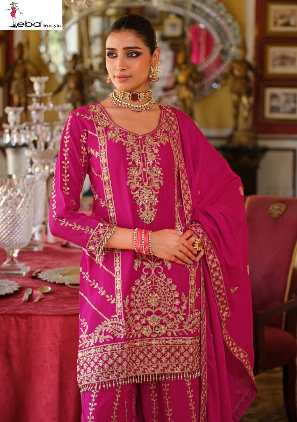 Sundari Eba Lifestyle Chinon Readymade Plazzo Style Suits Wholesale Rate