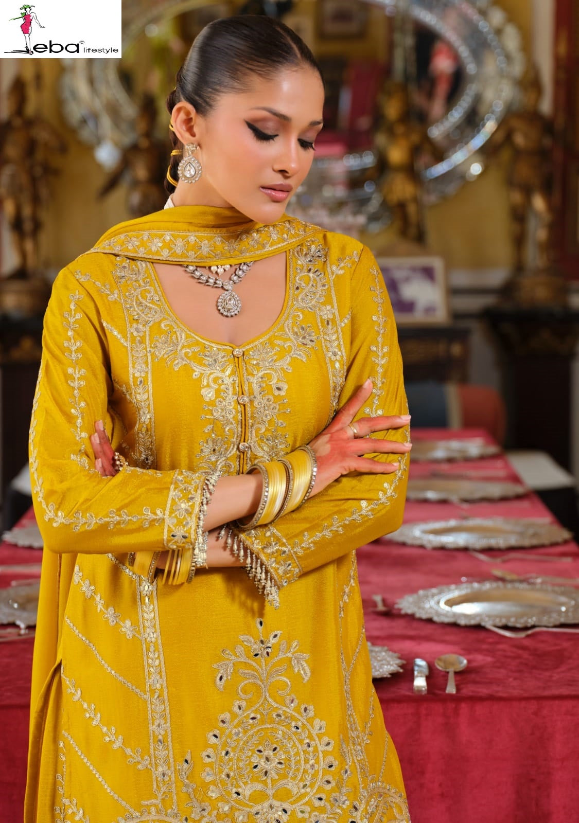 Sundari Eba Lifestyle Chinon Readymade Plazzo Style Suits Wholesale Rate