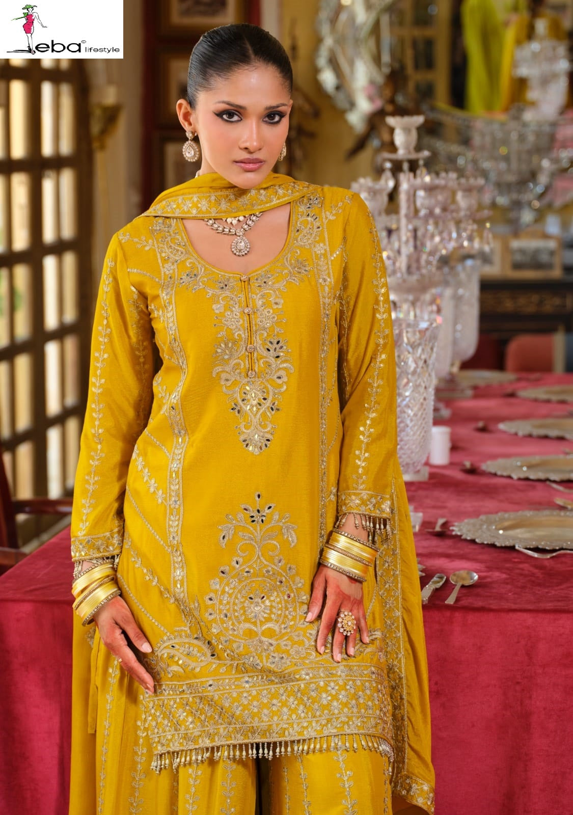 Sundari Eba Lifestyle Chinon Readymade Plazzo Style Suits Wholesale Rate