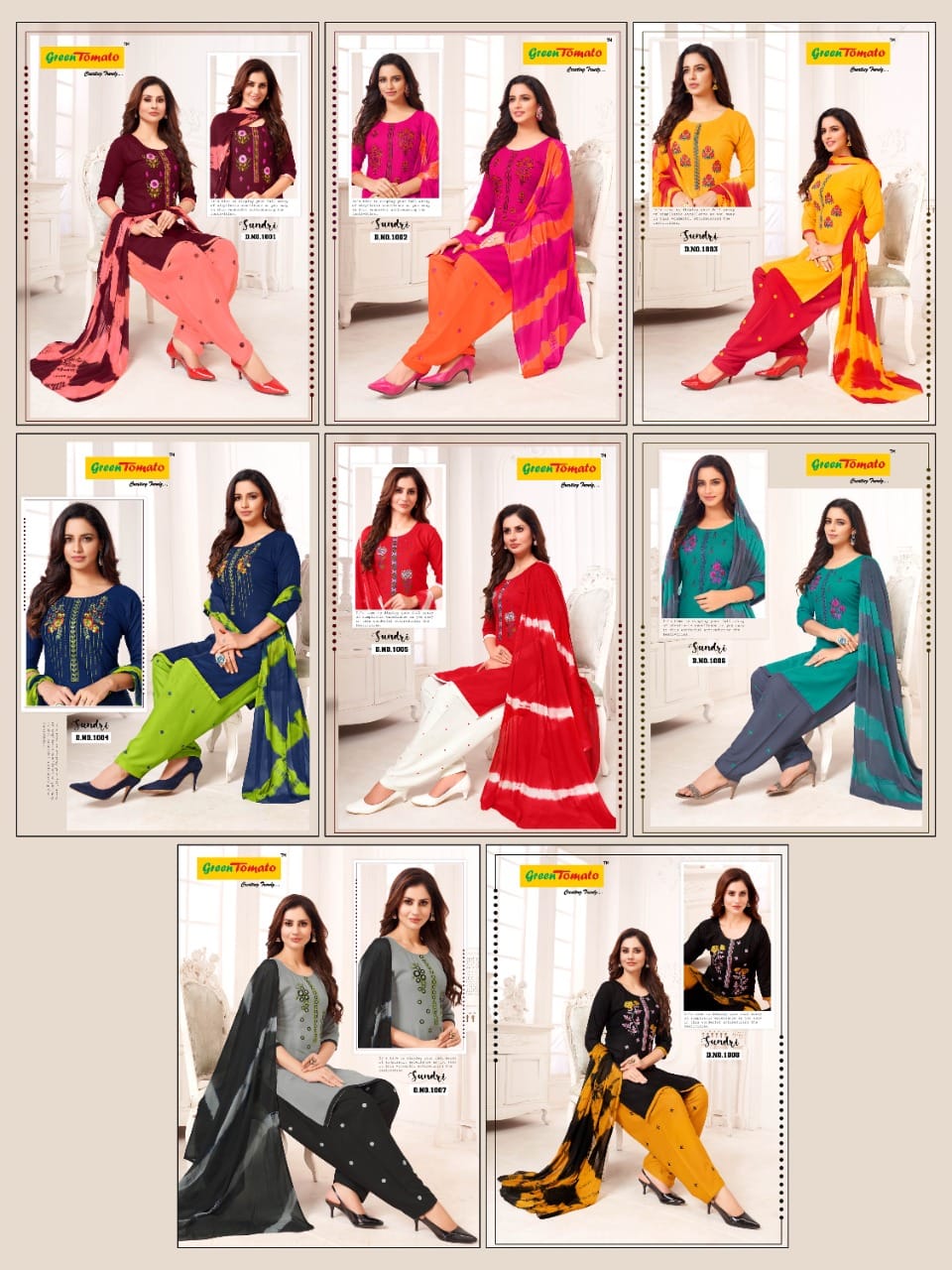 Sundri Patiyala Green Tomato Heavy Rayon Readymade Salwar Suits Exporter Ahmedabad