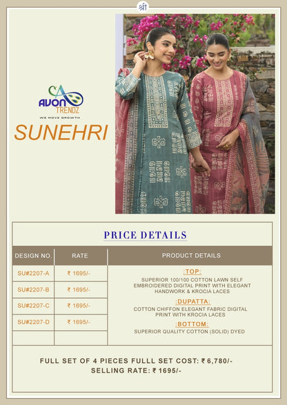 Sunehri Avon Trendz Cotton Lawn Pant Style Suits Manufacturer