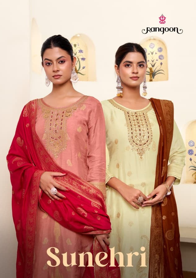 Sunehri Rangoon Russian Jacquard Readymade Pant Style Suits Wholesale Rate