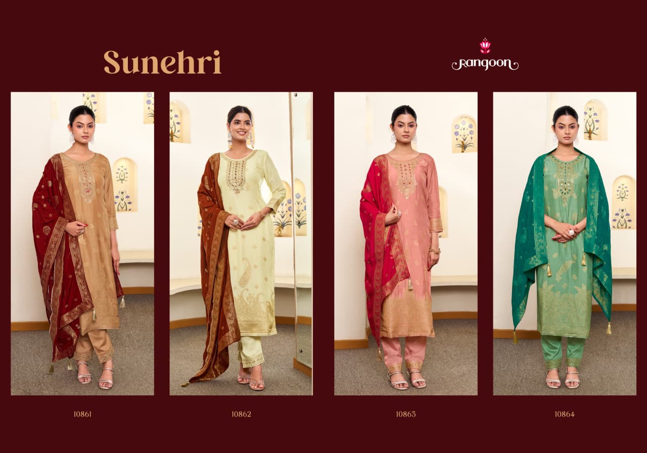 Sunehri Rangoon Russian Jacquard Readymade Pant Style Suits Wholesale Rate
