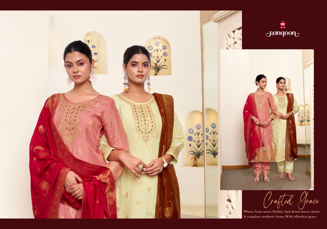 Sunehri Rangoon Russian Jacquard Readymade Pant Style Suits Wholesale Rate