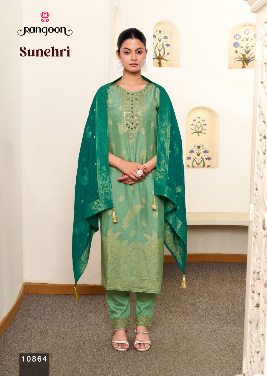 Sunehri Rangoon Russian Jacquard Readymade Pant Style Suits Wholesale Rate