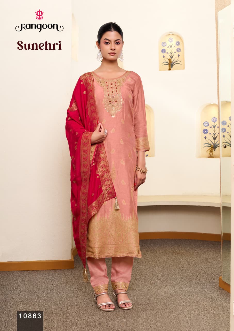 Sunehri Rangoon Russian Jacquard Readymade Pant Style Suits Wholesale Rate