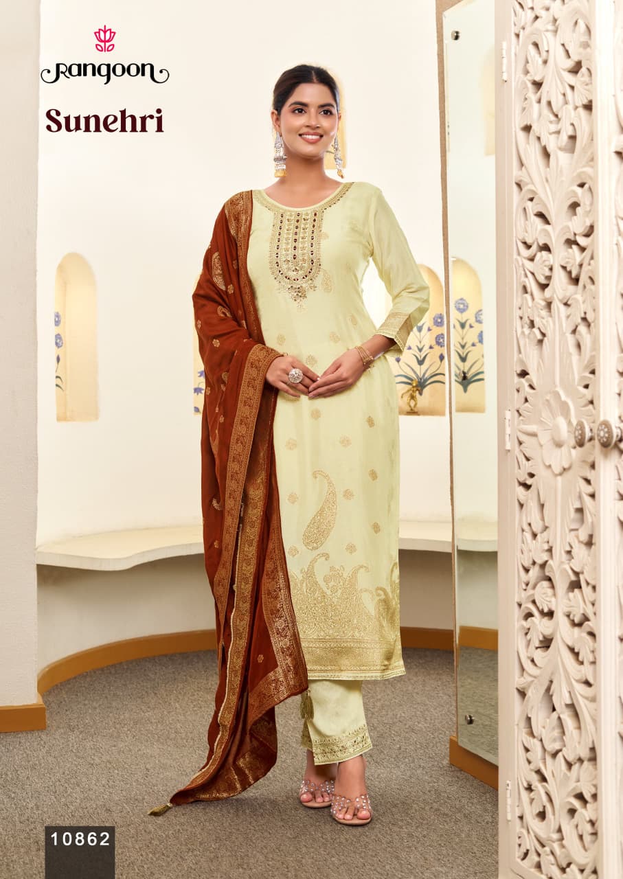 Sunehri Rangoon Russian Jacquard Readymade Pant Style Suits Wholesale Rate