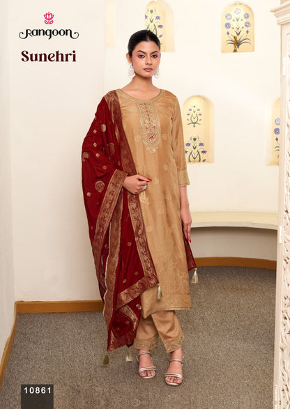 Sunehri Rangoon Russian Jacquard Readymade Pant Style Suits Wholesale Rate