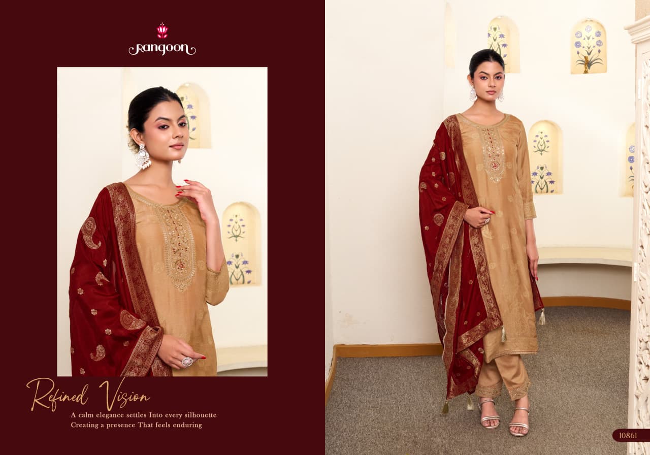 Sunehri Rangoon Russian Jacquard Readymade Pant Style Suits Wholesale Rate