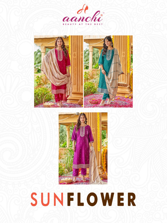 Sunflower Aanchi Silk Readymade Pant Style Suits Manufacturer Gujarat