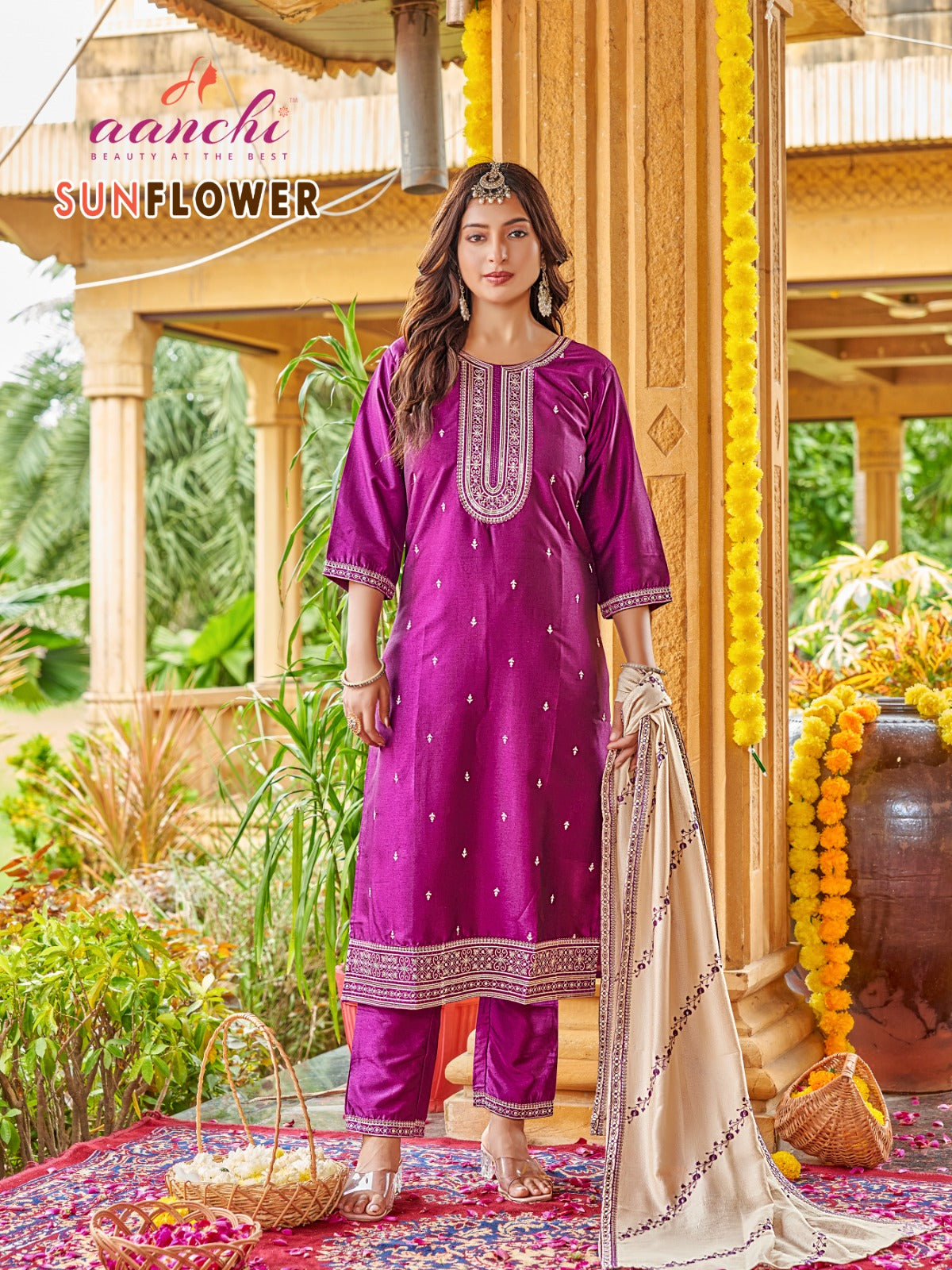 Sunflower Aanchi Silk Readymade Pant Style Suits Manufacturer Gujarat