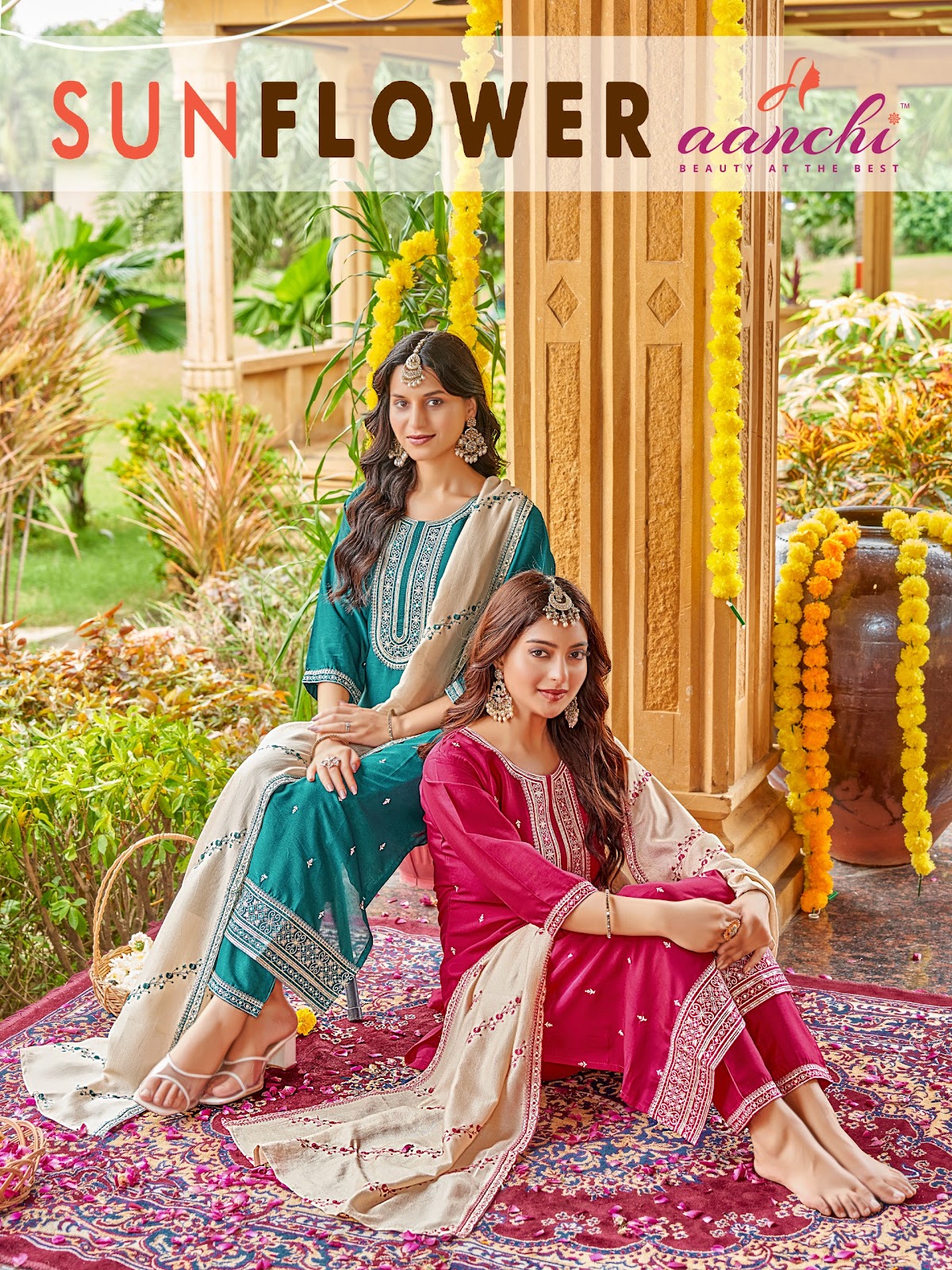 Sunflower Aanchi Silk Readymade Pant Style Suits Manufacturer Gujarat