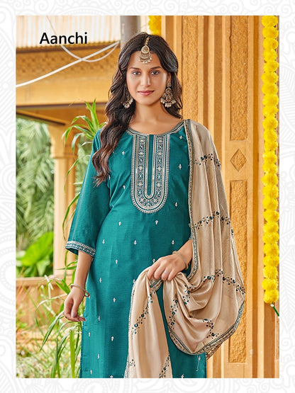 Sunflower Aanchi Silk Readymade Pant Style Suits Manufacturer Gujarat