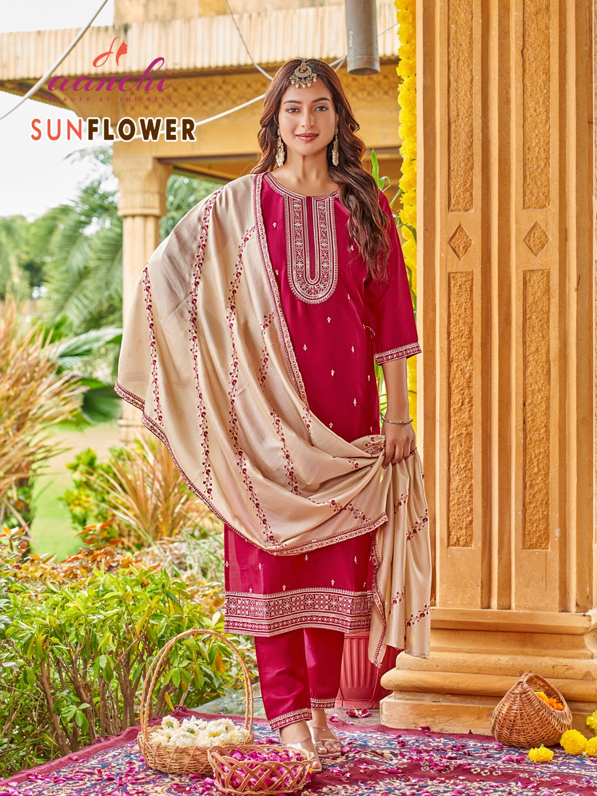 Sunflower Aanchi Silk Readymade Pant Style Suits Manufacturer Gujarat
