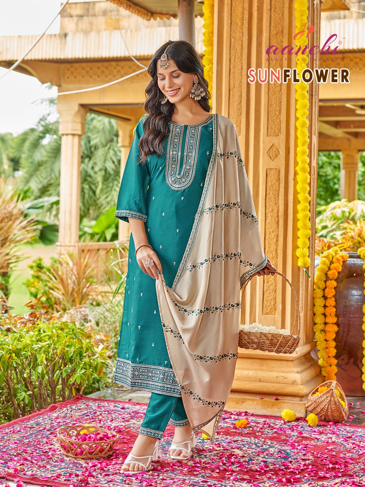 Sunflower Aanchi Silk Readymade Pant Style Suits Manufacturer Gujarat