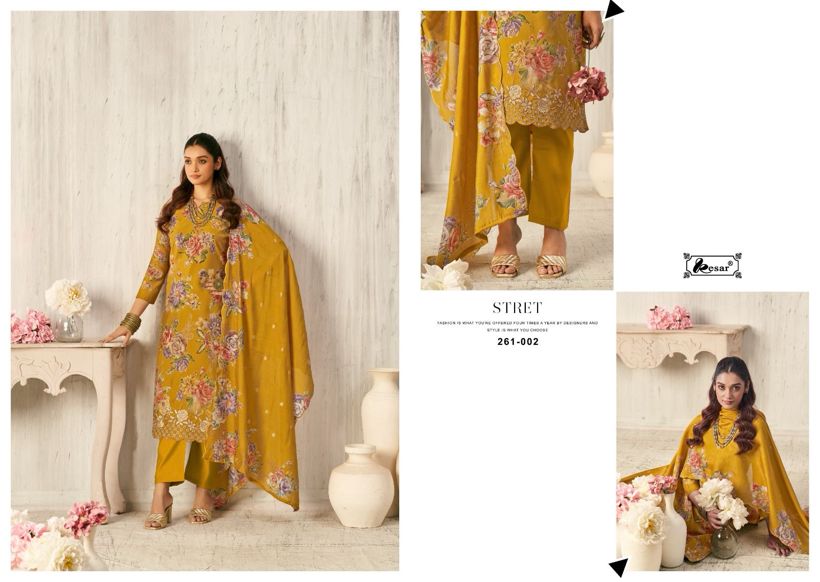 Sunflower Kesar Viscose Muslin Karachi Salwar Suits Manufacturer Ahmedabad