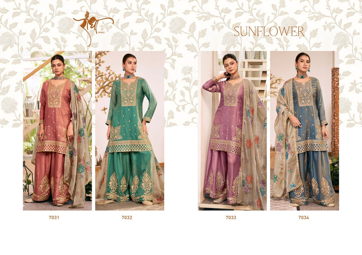 Sunflower Radha Trendz Fendy Silk Readymade Plazzo Style Suits Manufacturer Gujarat