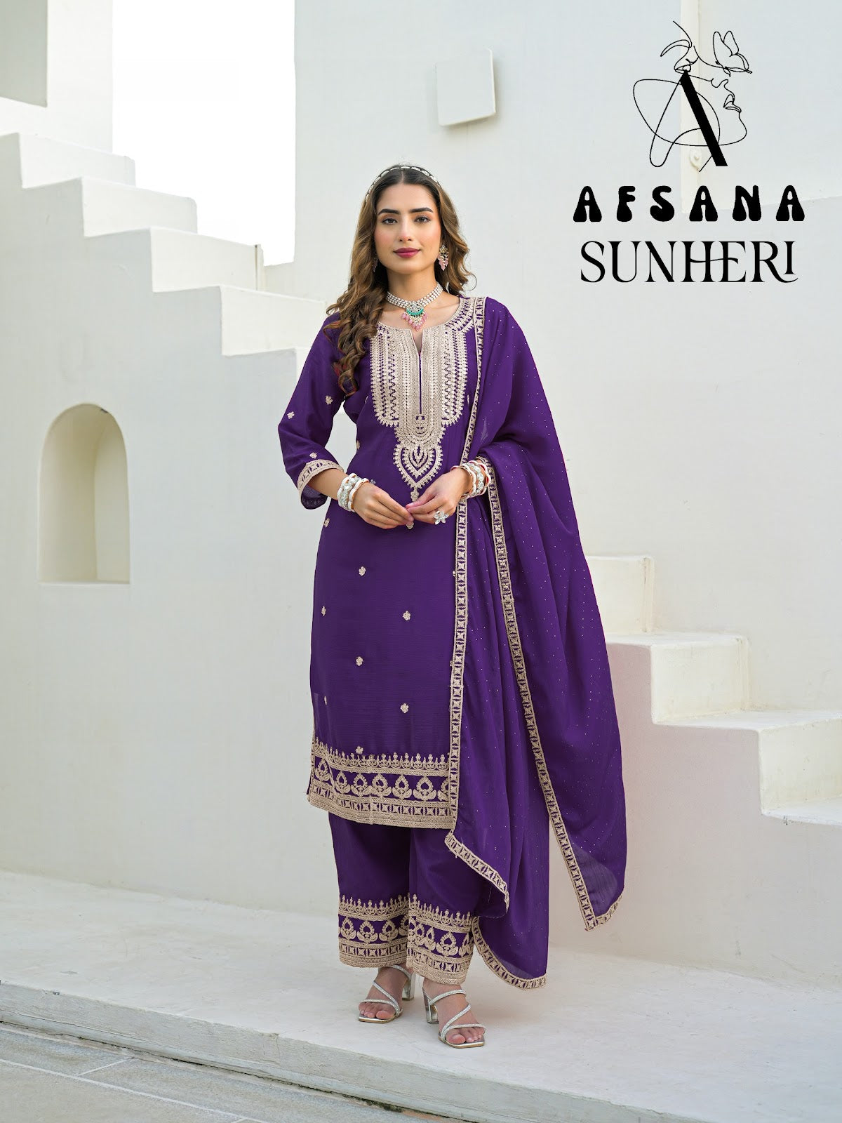 Sunheri Afsana Chinon Readymade Pant Style Suits Manufacturer India