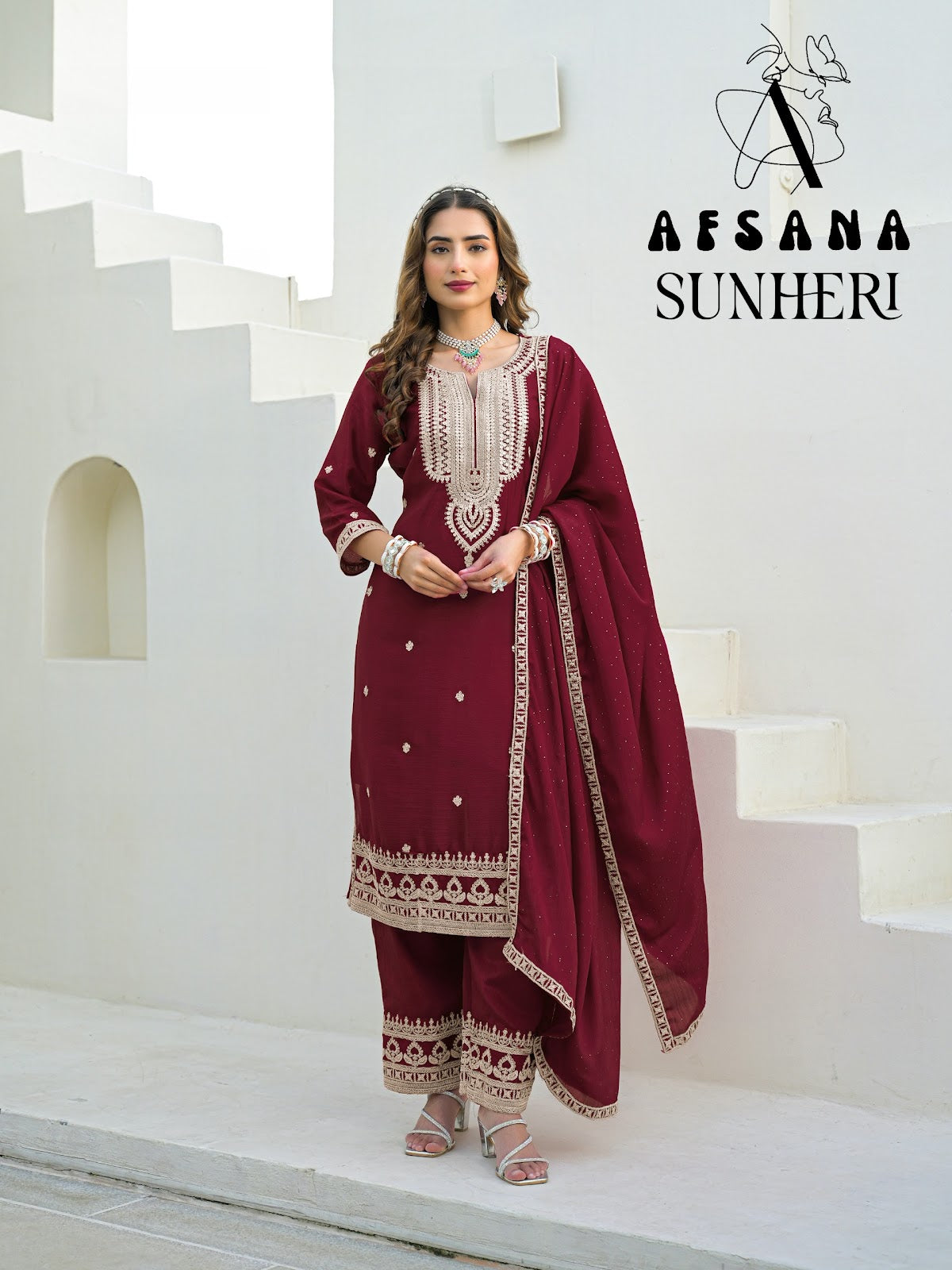 Sunheri Afsana Chinon Readymade Pant Style Suits Manufacturer India