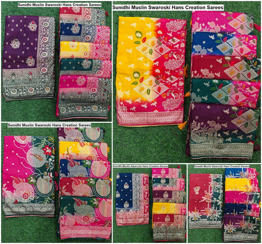 Sunidhi Muslin Swaroski Hans Creation Sarees Wholesaler India