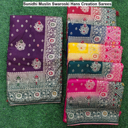 Sunidhi Muslin Swaroski Hans Creation Sarees Wholesaler India