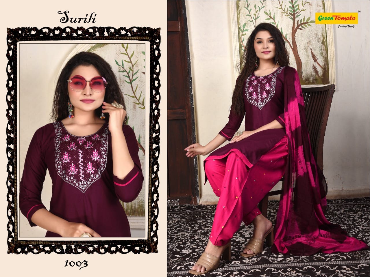 Surili Green Tomato Rayon Readymade Salwar Suits Manufacturer Ahmedabad